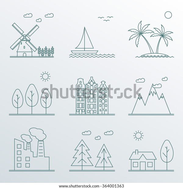 Landscape Icons Set Line Style Vector Stock Vector (Royalty Free) 364001363
