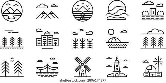 Landscape Icons Set with Mountains, Trees, Sea Waves, Windmill, Lighthouse, Buildings and Weather Symbols