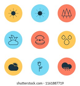 Landscape icons set with raindrop, pearl, clear sunrise and other raindrop elements. Isolated vector illustration landscape icons.