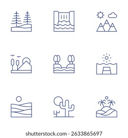 Landscape icons set. Thin Line style, editable stroke. waterfall, river, desert, mountain, contemplation, island, landscape, nature, terraces.