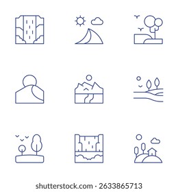 Conjunto de iconos de paisaje. Estilo de línea delgada, trazo editable. cascada, duna, bosque, monte Kenia, madera, prado, colina.