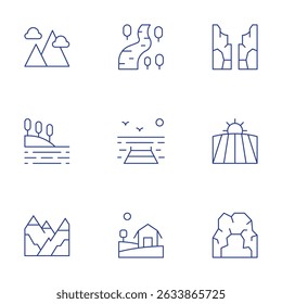 Conjunto de ícones de paisagem. Estilo de linha fina, curso editável. rio, píer, fazenda, cânion, campo, caverna, paisagem, baía, montanha.