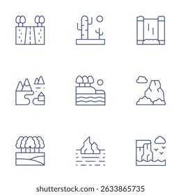 Conjunto de iconos de paisaje. Estilo de línea delgada, trazo editable. paisaje, bosque, desierto, lago, iceberg, cascada, montaña, acantilado.