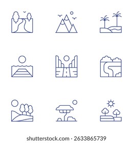 Conjunto de iconos de paisaje. Estilo de línea delgada, carrera editable. montaña, carretera, sabana, oasis, río, plantación, muelle, colina.