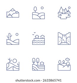 Landscape icons set. Thin Line style, editable stroke. mountain, desert, hill, sea, waterfall, lake, valley.