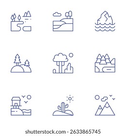 Landscape icons set. Thin Line style, editable stroke. iceberg, lake, landscape, village, desert, mountain, hills