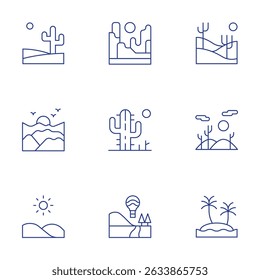 Conjunto de iconos de paisaje. Estilo de línea delgada, trazo editable. desierto, cañón, oasis, colina, paisaje, cactus.