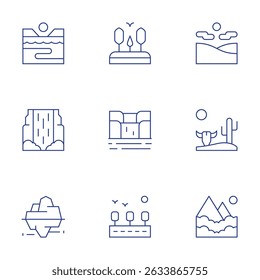 Landscape icons set. Thin Line style, editable stroke. coastline, forest, waterfall, waterfalls, iceberg, road, desert, mountain.