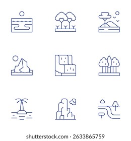 Conjunto de ícones de paisagem. Estilo de linha fina, traço editável. praia, geleira, ilha, árvore, cachoeira, montanha, savana, árvores, caminho.