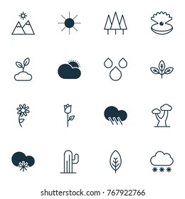 Landscape icons set with tree leaf, raindrop, cold climate and other cactus elements. Isolated vector illustration landscape icons.