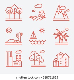 Landscape icons, thin line style, flat design