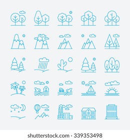 Landscape icons, thin line style, flat design