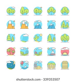Landscape icons, thin line style, flat design