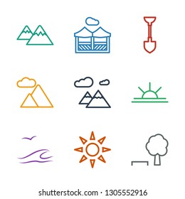 landscape icons. Trendy 9 landscape icons. Contain icons such as tree and bench, sunbed, sea and gull, sun rise, mountain, shovel, pergola. landscape icon for web and mobile.