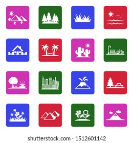 Landscape Icons. White Flat Design In Square. Vector Illustration.