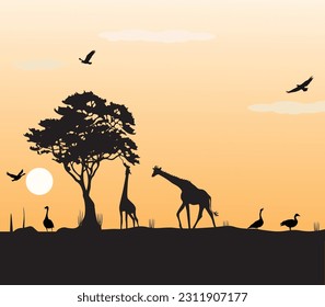 Landscape illustration of animals on the savanna in the afternoon