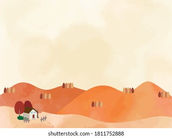 Landscape illustration of autumn mountains and houses.
