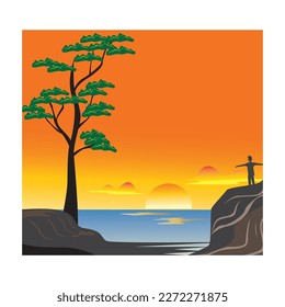 diseño de fondo paisajístico árboles de playa atardecer iluminación vectorial
