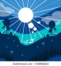Landschaftsgrafik, blauer Ton, Vektorgrafik, Sonne, Fisch, Natur