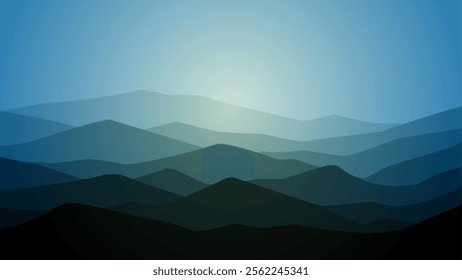 Landscape illustration of breathtaking mountain ridge under shiny sky