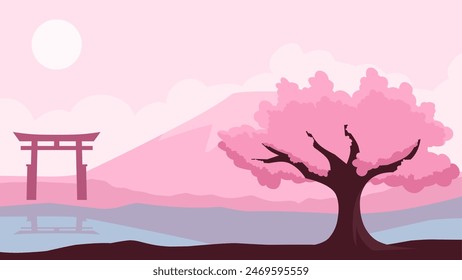 Landscape illustration of cherry blossom and torii gate with mountain