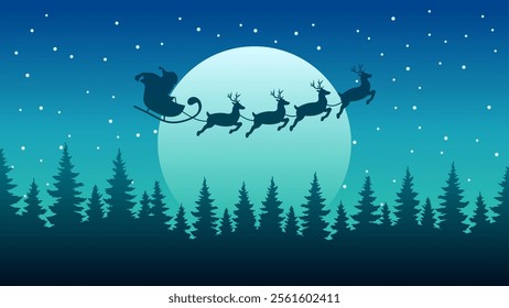 Landscape illustration of Christmas night with Santa Claus silhouette