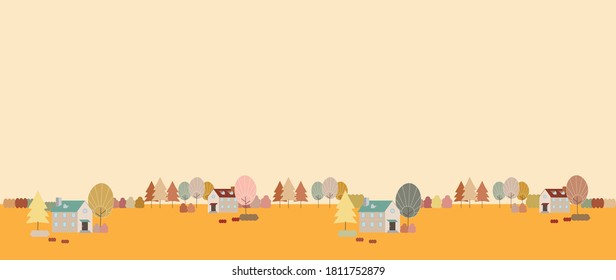 landscape illustration of a city lined with autumn trees.