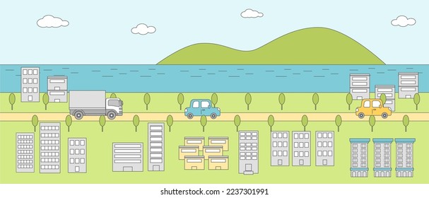 Landscape illustration of a city and  road where you can see the sea and nature (color line drawing)