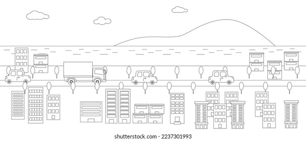 Landscape illustration of a city and road where you can see the sea and nature (line drawing)