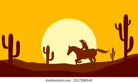 Ilustración del paisaje de un vaquero montando un caballo en el desierto