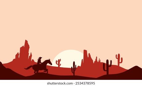 Ilustração de paisagem de um cowboy cavalgando um cavalo no deserto