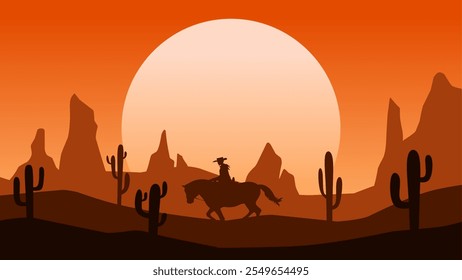 Landscape illustration of a cowboy riding a horse in the desert