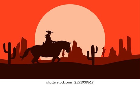 Landscape illustration of a cowboy riding a horse in the desert