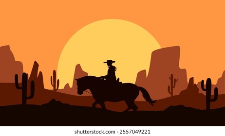 Landscape illustration of a cowboy riding a horse in the desert