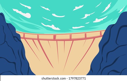 Landscape illustration of Dam design in topography. Scene with cliff and dam design