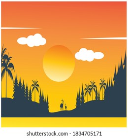 landscape illustration of deer in evening forest with colorful vector design background