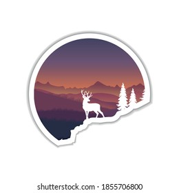 landscape illustration of deer in meadow with silhouette theme