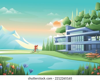 A landscape illustration of a delivery man riding a bicycle to a house in a beautiful landscape.