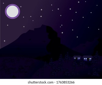 Landscape illustration depicting a beautiful mountainous area with many stars.