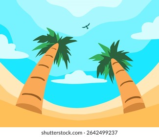Una ilustración del paisaje de un desierto con dos palmeras y un águila en el cielo azul, ilustración plana del diseño del fondo