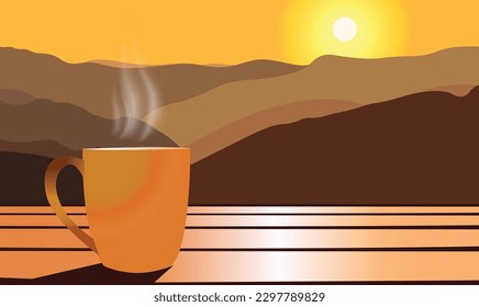 landscape Illustration design with a cup of coffee or tea