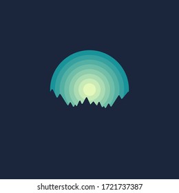 Landscape Illustration Design: Silhouette of the Mountains and Sun with Dark Green Light on a Dark Blue Background.