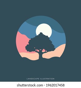 plantilla de diseño de ilustraciones de paisaje en las montañas, adecuada para diseños de aventura