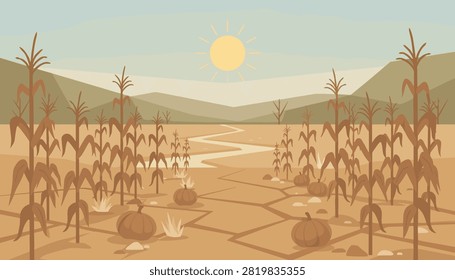 Landscape illustration of a dried corn field under the sun with barren earth, symbolizing drought and agricultural challenges.