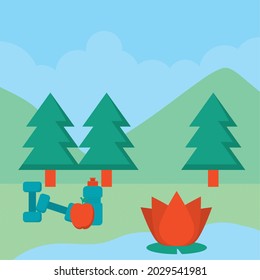 landscape illustration with dumbbells and pines