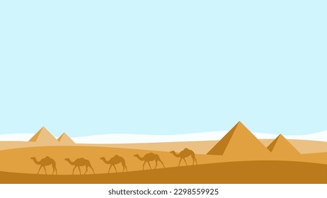 landscape illustration of egypt desert with walking camels and pyramids