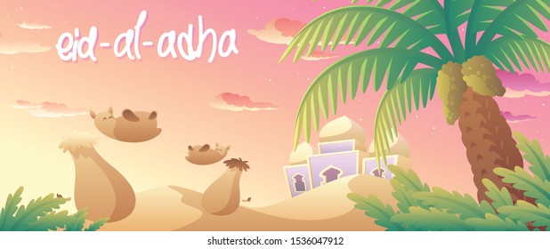 Landscape illustration of Eid Al Adha In The Middle East. Two cheerful camels next to the palm tree in the afternoon in vector. Good for your greeting card, banner, wallpaper, backdrop, or other templ