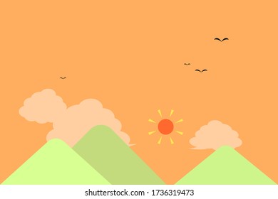 Landscape illustration, evening: sky, sun, clouds, mountains, birds
