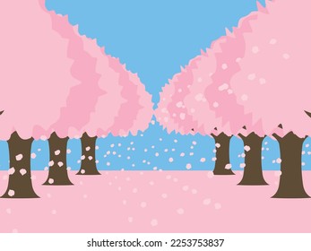 Landscape illustration with falling cherry blossoms