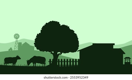 Landscape illustration of farm silhouette with cattle livestock